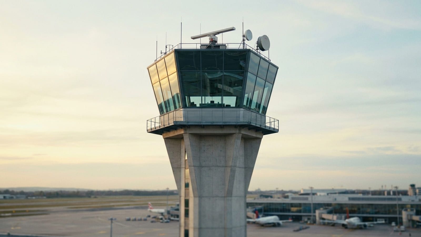 Kontrollturm eines Flughafens von unten gegen den Morgenhimmel