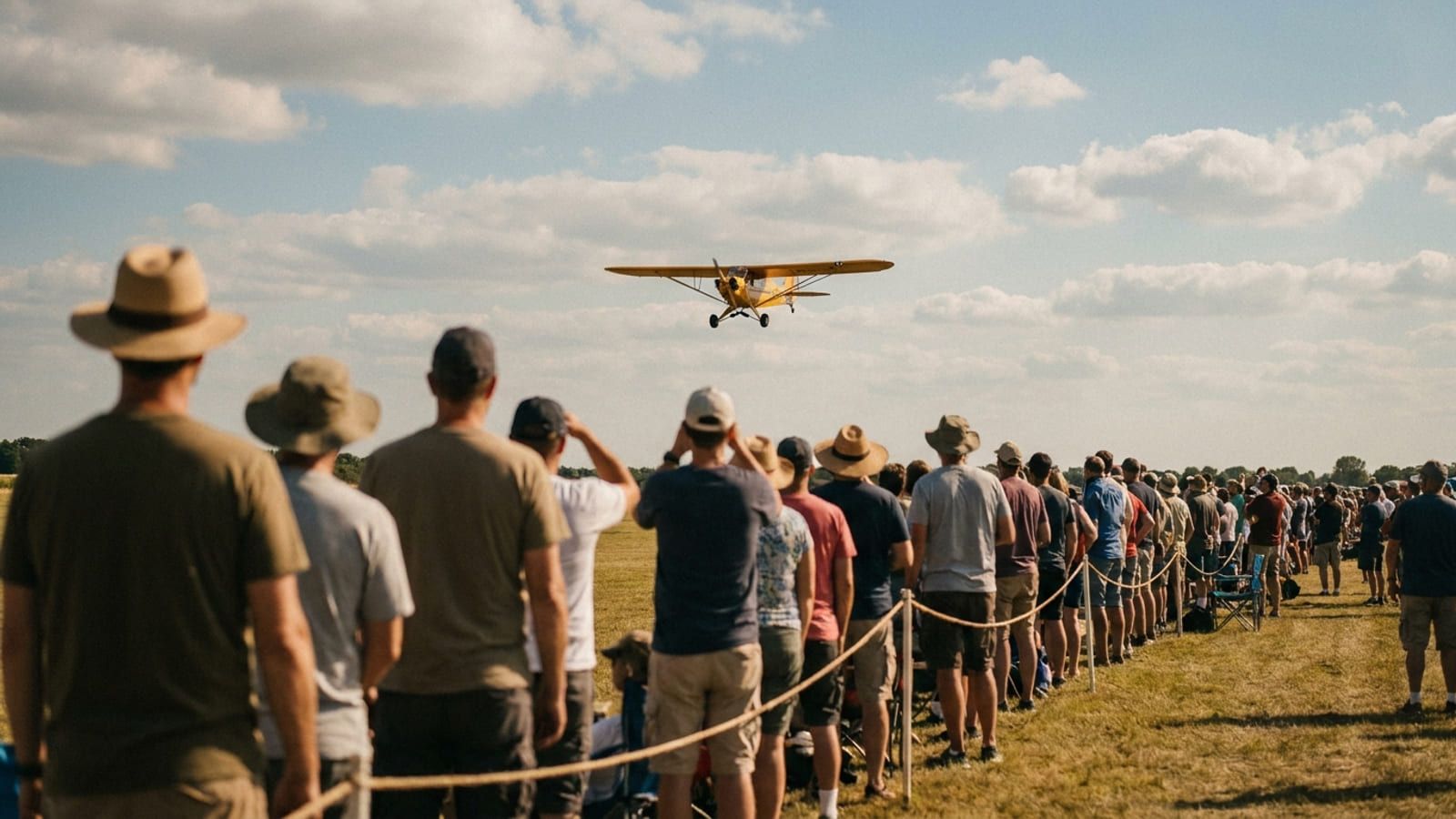 Zuschauer hinter einer Absperrung blicken auf ein vorbeifliegendes Flugzeug
