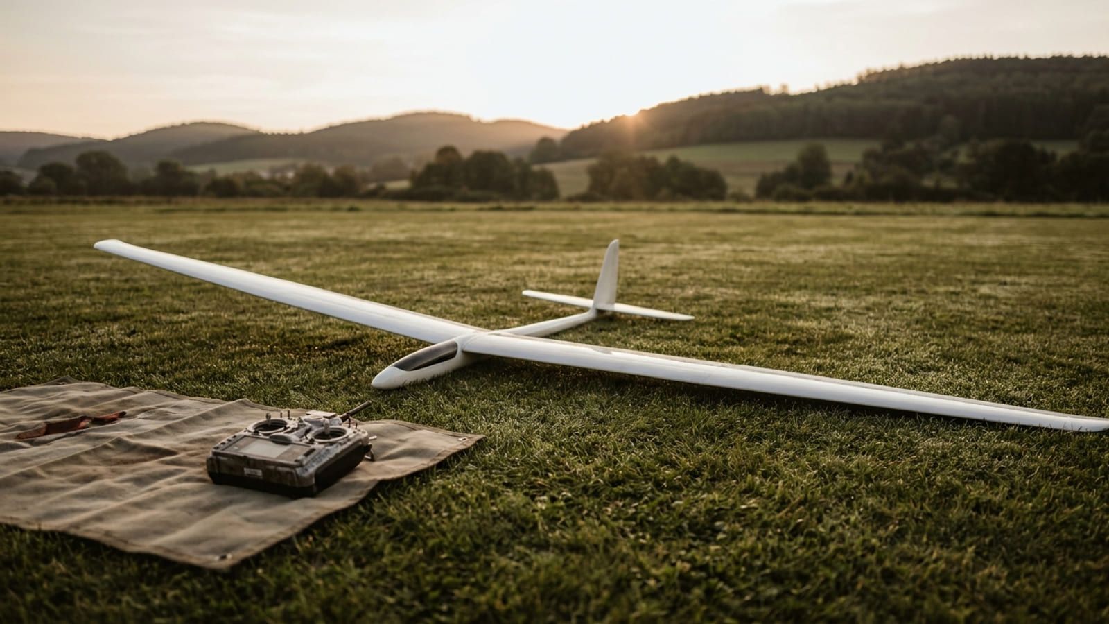 Ferngesteuertes Segelflugmodell auf einer Wiese vor dem Start