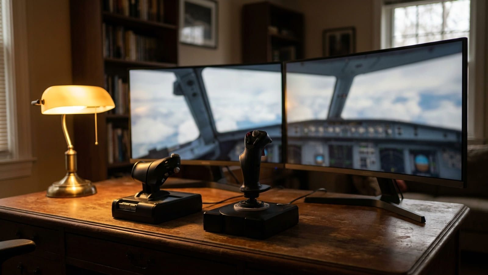 Heimischer Flugsimulator-Arbeitsplatz mit Joystick, Schubhebel und Bildschirmen