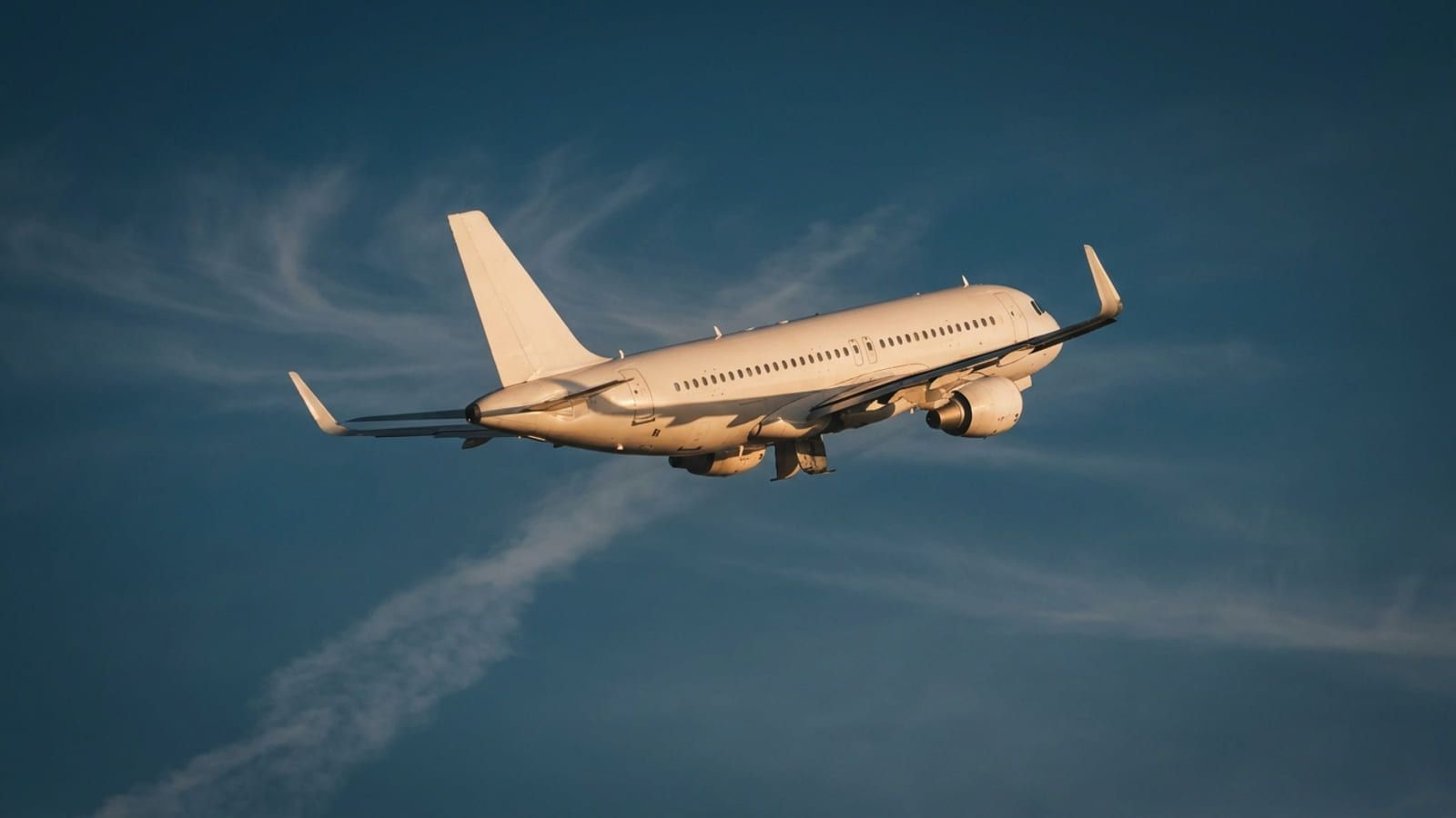Verkehrsflugzeug im Steigflug vor blauem Himmel mit hohen Schleierwolken