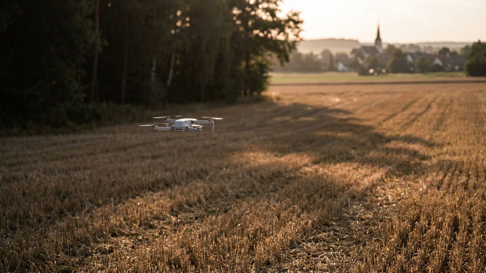 Drohne über einem abgeernteten Feld am Waldrand, im Hintergrund ein Dorf